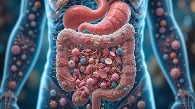 Gut flora vector illustration. Tiny gastrointestinal microbe person concept Zonulin
